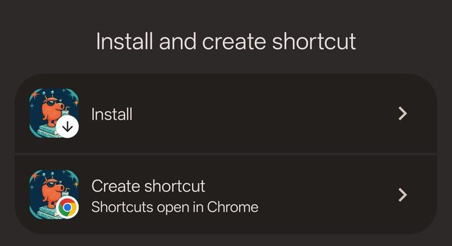 Choosing Install rather than Create shortcut