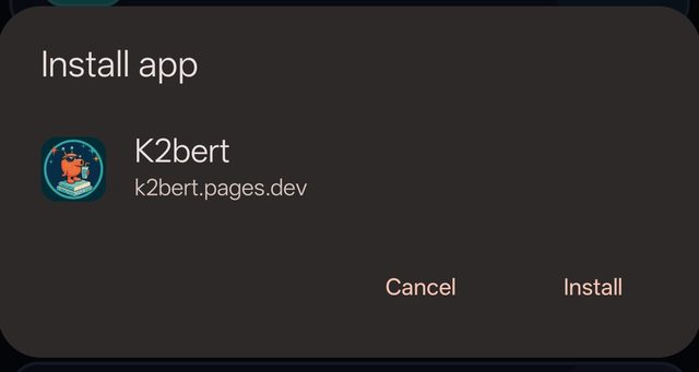 The Install app confirmation dialog for K2bert