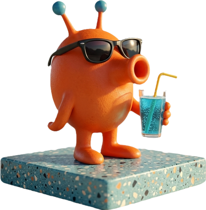 K2bert, the orange alien, sipping a blue slushie
