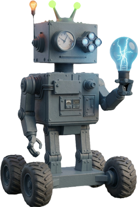 Null, a friendly robot holding a glowing lightbulb